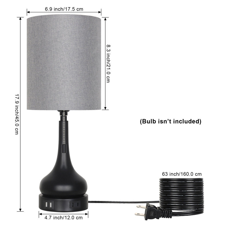 Lampes de chevet USB avec 2 ports de charge USB, abat-jour, paquet de 2, Gris