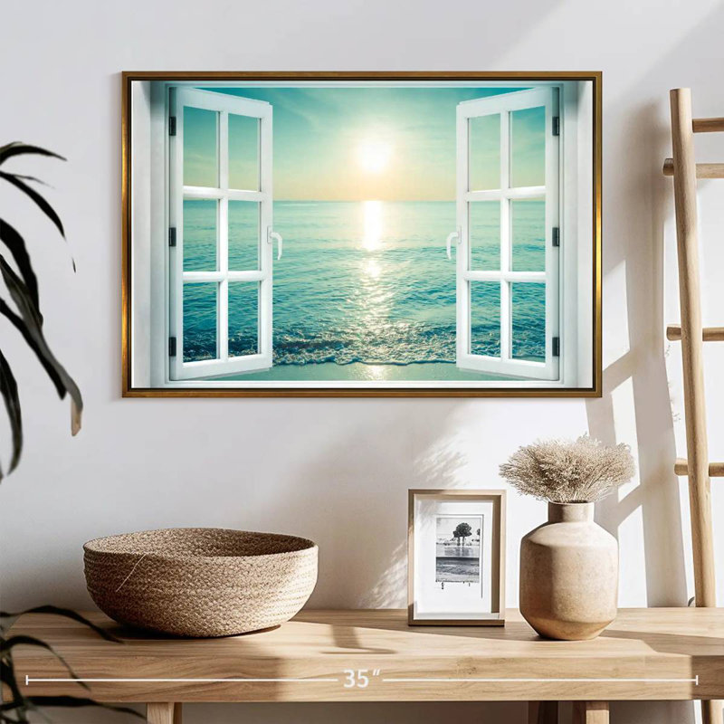 Fenêtre sur le paysage marin, 25 po x 17 po, Cadre flottant doré