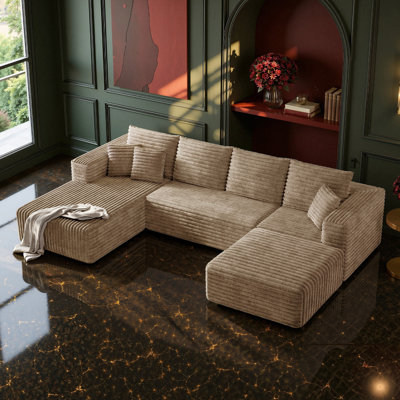 133" U-Shaped Boneless Modular Cloud Sectional Sofa with 1 Ottoman, Deep Seat Corduroy Couch, No Assembly(Camel)