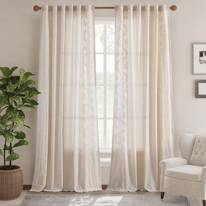 Rideaux brodés en lin mélangés à motif de fleurs de ferme pour chambre à coucher, Ivoire ivoire, L 50 po x L 96 po