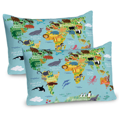 Ambesonne Cartoon Pillow Sham 2 Pack Animal Map of the World Pale Blue Yellow Green -  pil-2_11545_36x20