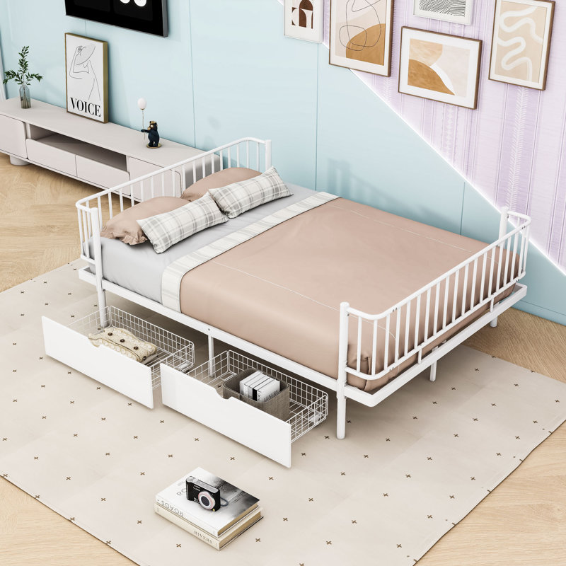 Lit plateforme en métal avec tiroirs de rangement, Lit double, Blanc