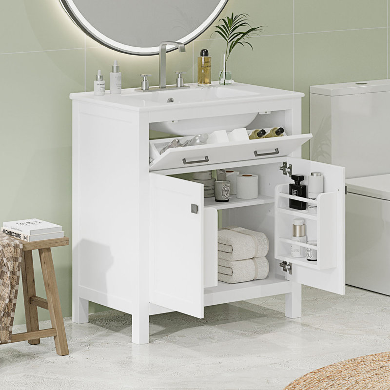 Meuble-lavabo avec lavabo en céramique, armoire de salle de bain simple moderne avec 2 portes et une tablette