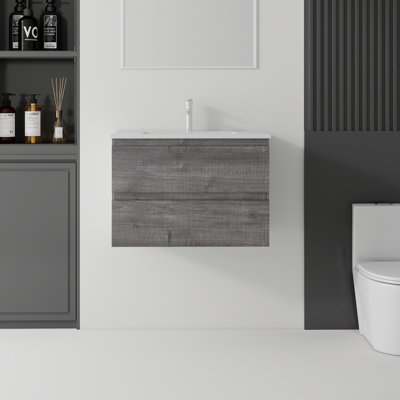 Meuble-lavabo suspendu de 61 cm (24 po) avec lavabo intégré, tiroirs à fermeture amortie, lavabo en céramique intégrée, armoire en contreplaqué, gris