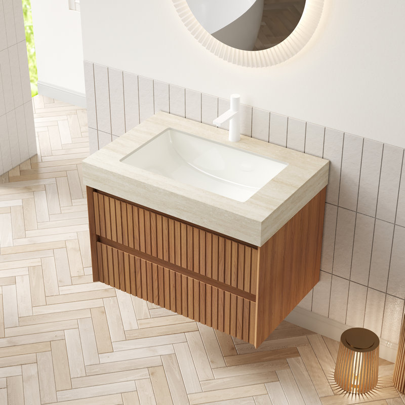 30" Wall Mounted Vanity With Travertine Sintered Stone Top &  Undermount Basin & Striped Wood Drawers, Pre-Assembled, 30"
