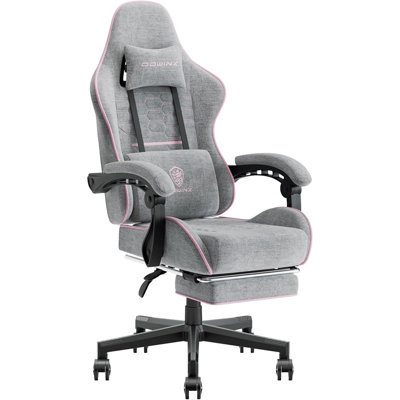 Dowinx Gaming Chair Fabric with Pocket Spring Cushion, Massage Game Chair Cloth with Headrest, Ergonomic Computer Chair with Footrest 290LBS, Pink and Grey