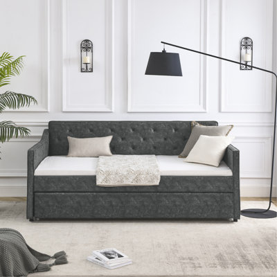 Twin Size Daybed With Twin Size Trundle Upholstered Tufted Sofa Bed, Waved Shape Arms