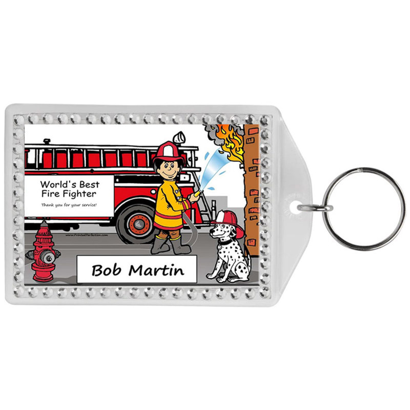 Personalized Name That Toon Fire Fighter - Male Rhinestone Bordered Key Chain, Yes