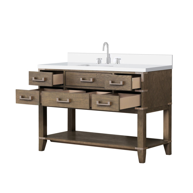 Meuble-lavabo simple en chêne gris 48 po X P 22 po D, dessus en quartz blanc et ensemble de robinet, Chêne gris / blanc / or