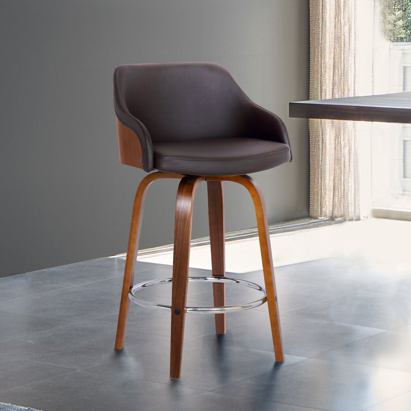 Aiken Swivel Counter or Bar Height Bar Stool with Arms in Faux Leather, Plywood and Metal Footrest, Walnut