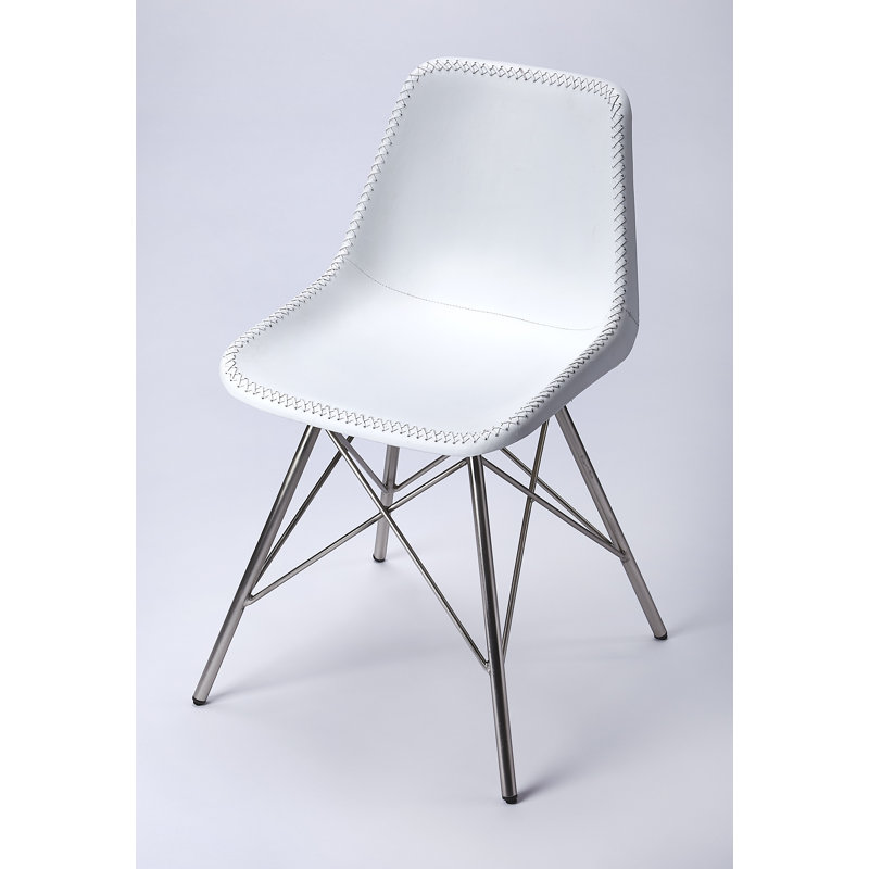 Glossop Leather Upholstered Side Chair, White Genuine Leather, Chrome