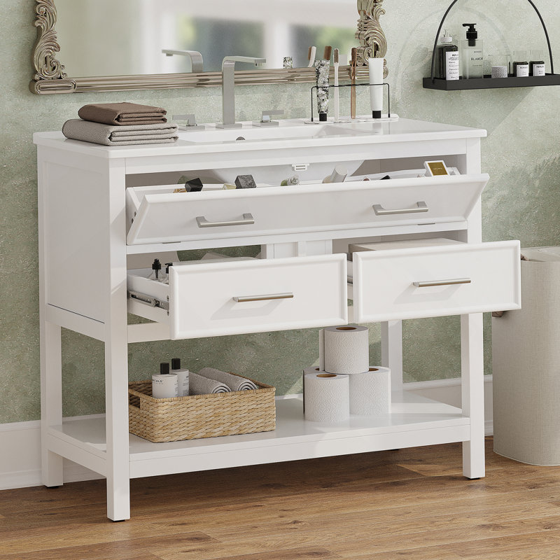 Meuble-lavabo 36 po avec lavabo en céramique, meuble-lavabo avec plateau basculant et 2 tiroirs pleine extension, poignées argentées et glissières à fermeture en douceur, 1 tablette ouverte en bas, blanc