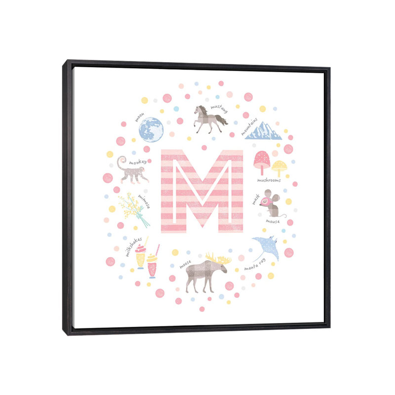 Lettre illustrée M rose - impression, Aucun mat, H 18 po x l 18 po x 1,5 po, Toile avec cadre noir patiné