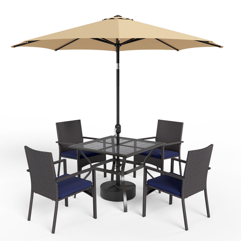 6 Pcs Patio Dining Set 4 Rattan Armchairs And Square Table With Umbrella, Beige