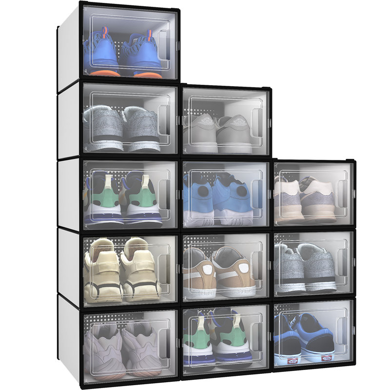 12 Pair Stackable Shoe Storage Box, Dark Black