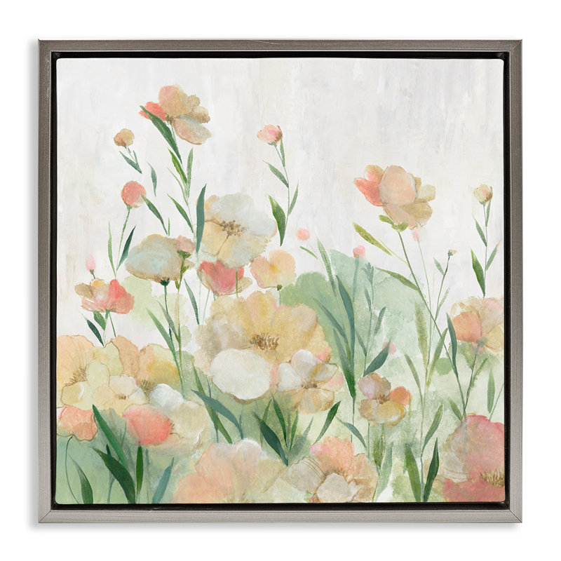«Blush Florals Meadow», art mural encadré par Floater, H 18 po x l 18 po, Cadre flottant gris lustré