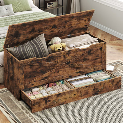 Toy Chest, 47.2" Storage Chest with Drawer and Pull Handles, Wooden Storage Bench with Lift Top, Storage Trunk