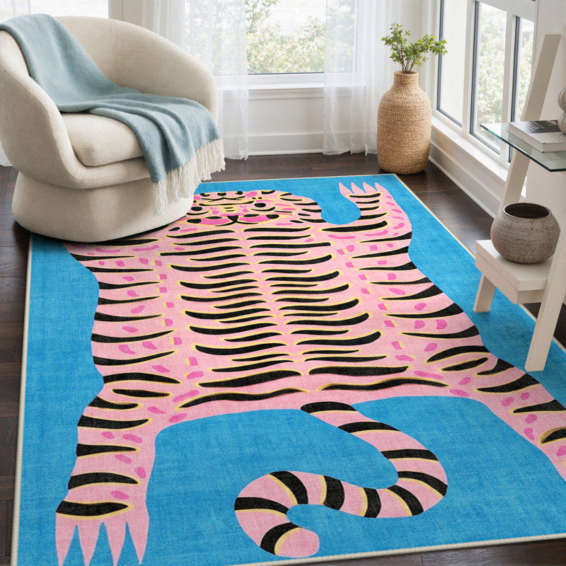 Tapis d'intérieur bleu / rose lavable à la machine avec envers antidérapant Abidi, Nexus, Rectangle 9 pi x 12 pi