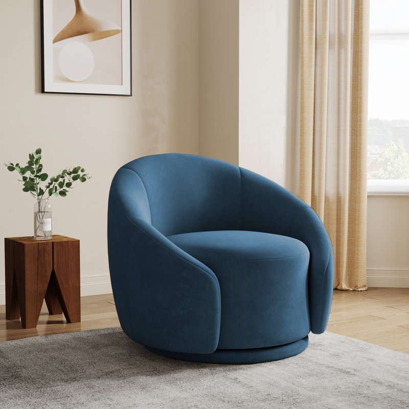 Fauteuil demi-tonneau pivotant rembourré Aunna, Velours bleu