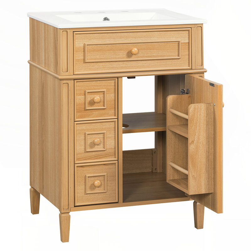 Meuble-lavabo de salle de bain avec lavabo, armoire en bois, tiroir rabattable, tiroirs et porte à fermeture en douceur, panneau de fibres à densité moyenne en bois massif, poignées élégantes