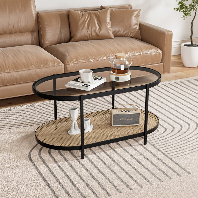 Table basse en verre avec tablette en métal tissé, ovale, H 16,5 po x L 35,2 po x l 17,7 po