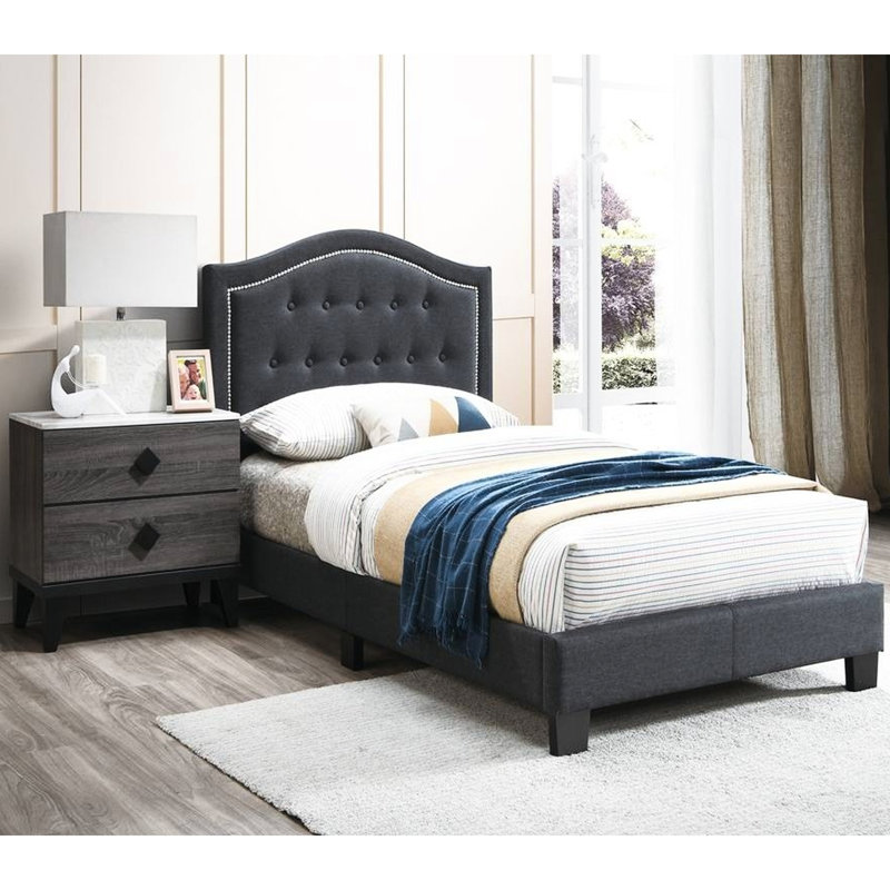 Cadre de lit simple avec tête de lit en jute gris anthracite et support moyen, Twin