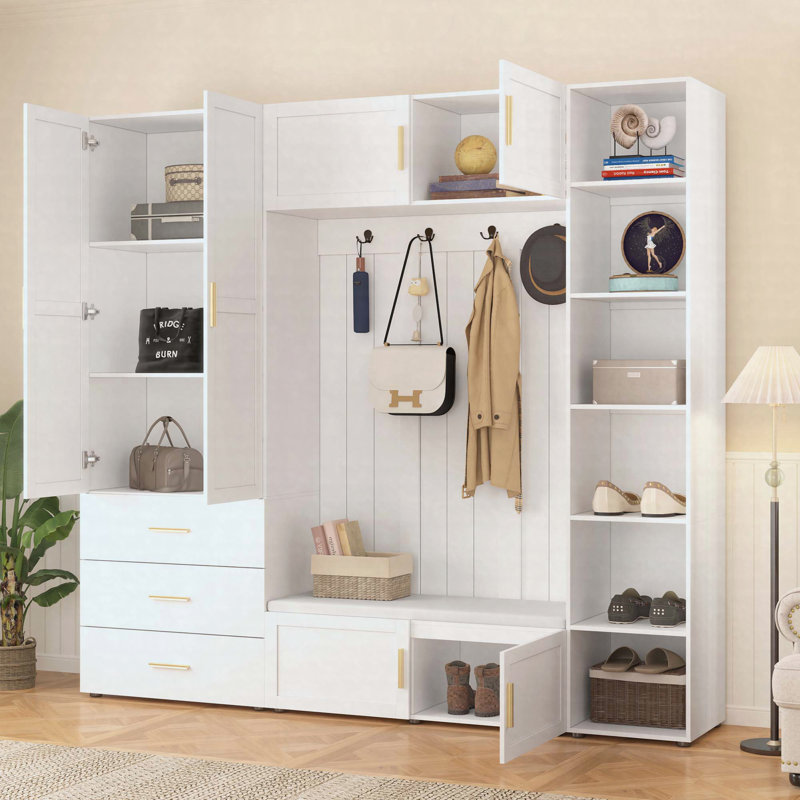 American Style 4-in-1 Hall Tree with Padded Bench, Adjustable Shelves and Coat Rack Hooks, Ancient White