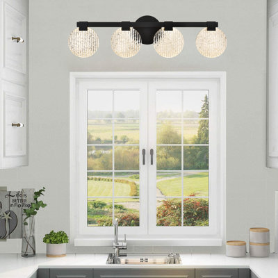 4-Light Matte Black LED Bathroom Vanity Light with Textured Water Ripple Glass, Dimmable Modern Wall Sconce