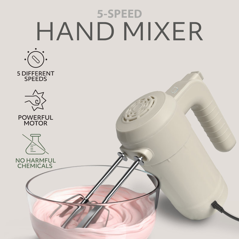 WILLOW Kitchen 5-Speed Control Hand Mixer with Storage Case and 6 Attachments, Dough Hook, Whisk, and Wire Beater