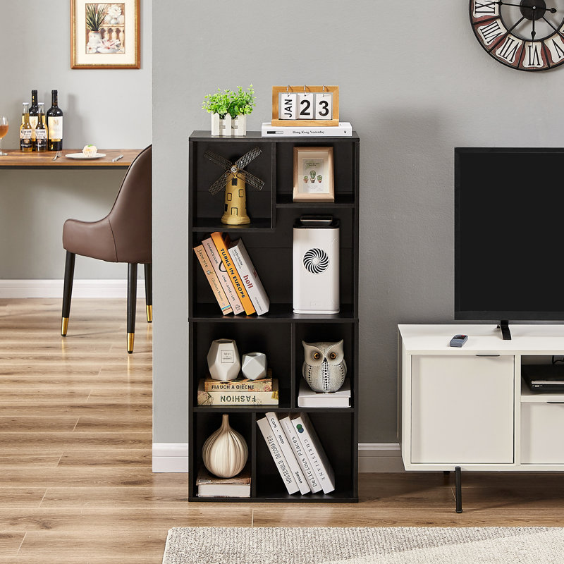Bibliothèque Melgarejo Black Cubby, bibliothèque géométrique moderne à 5 niveaux de 42 pouces de hauteur, organisateur de rangement autoportant avec plusieurs tablettes ouvertes, petite armoire de rangement au sol pour le salon, la chambre à coucher ou le bureau à domicile