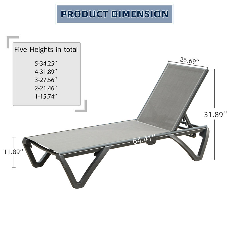 Méridienne de plage extérieure, gris, polypropylène aluminium, dossier ajustable pour la piscine, cour, structure de patio de balcon gris, siège en polypropylène