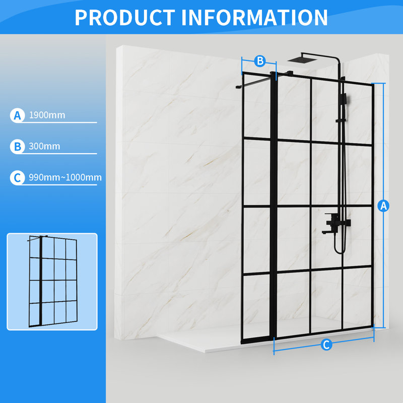 Deaudra 1900mm H Walk In Framed Walk In Glass Screens with Pattern Glass, 1000mm