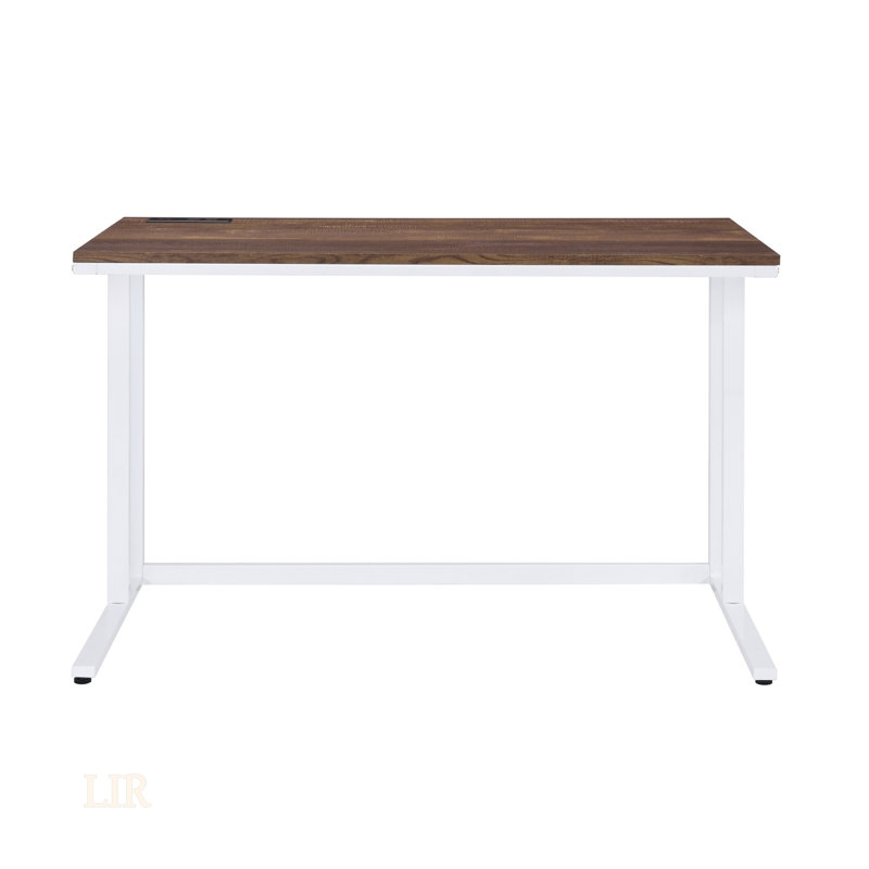 Tyrese Walnut & White Finish Rectangular Writing Desk With Built-In Usb Port And Open Base Design, For Modern Home Offices.