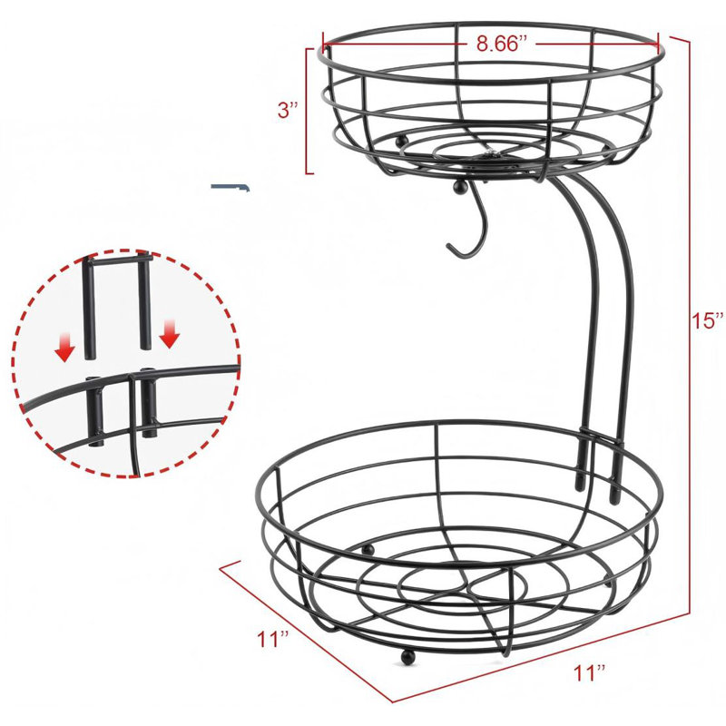 Rangement à 2 niveaux en fer pour panier de fruits et légumes avec support à banane, noir, 64 onces