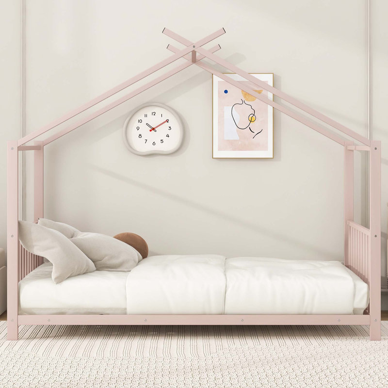 Twin Size Metal House Platform Bed, Pink