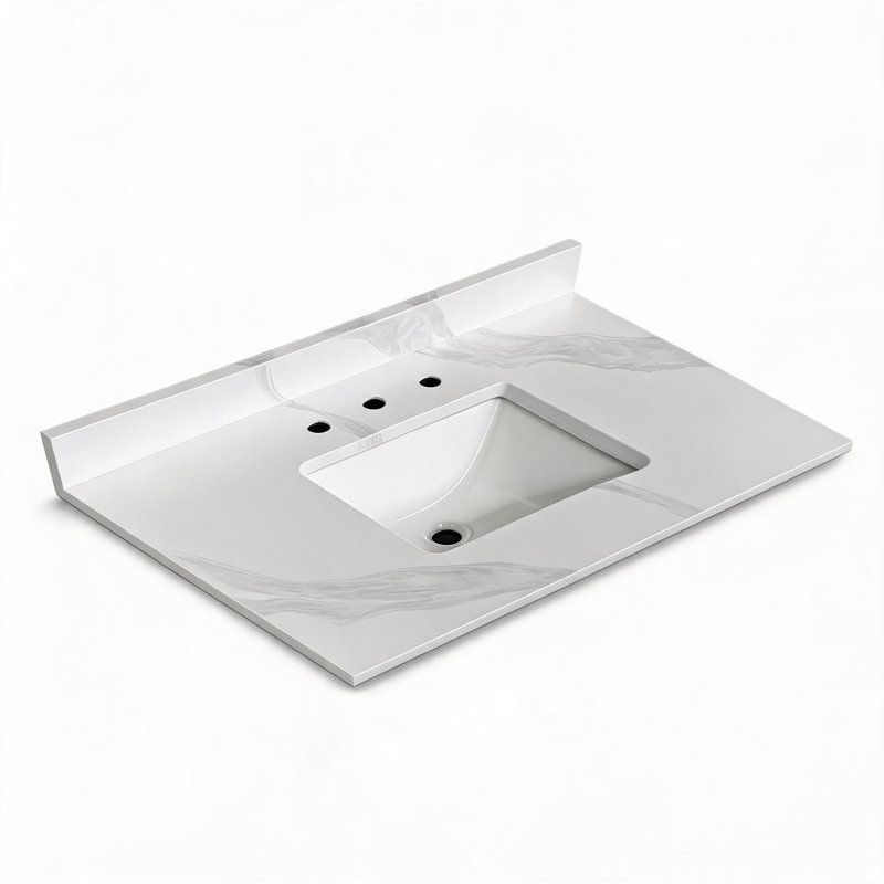 Plan de toilette en quartz blanc de Carrare de 94 cm (37 po) avec lavabo central encastré à une cuve et dosseret de 10 cm (4 po) de hauteur.
