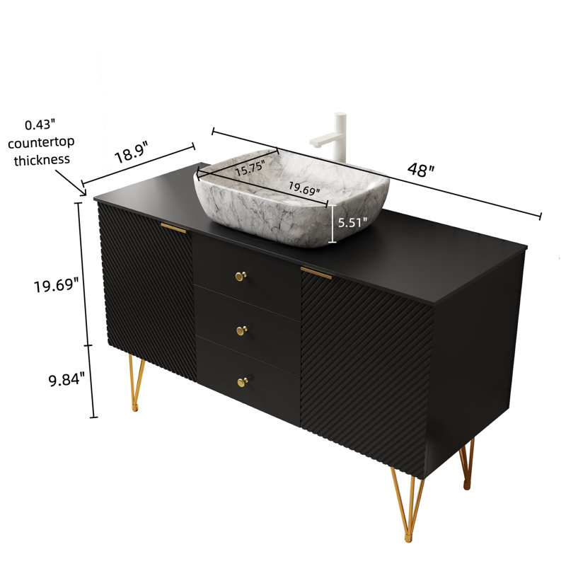 Armoire de salle de bain autoportante noire 48 po avec lavabo, pieds décoratifs à garniture dorée et 3 tiroirs, 2 compartiments de porte, comptoir en pierre frittée en céramique blanche à motif de marbre, meuble-lavabo 48 po