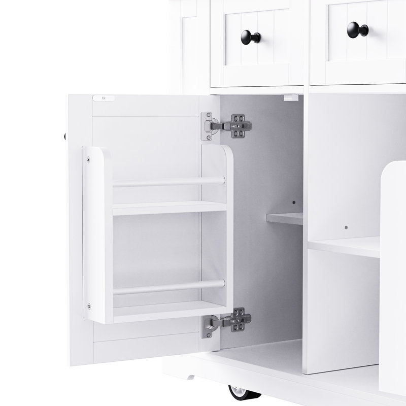 Îlot de cuisine de 53 po avec 2 tabourets, insertion de bloc d'alimentation, 5 étagères mobiles, support de rangement interne, abattant, 3 tiroirs pour le luxe et la salle à manger, une prise de courant blanche de 53 po