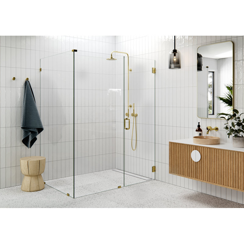 Illume 60 in. x 41.5 in. x 78 in. 90-degree Fully Frameless Wall Hinged Glass Shower Enclosure, Polished Brass