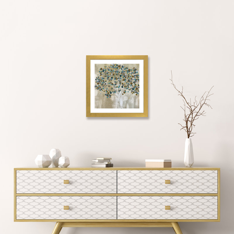 «A Teal Tree» par Katrina Craven - impression d'art graphique, H 24 po x l 24 po x P 1 po, Papier encadré doré, Blanc