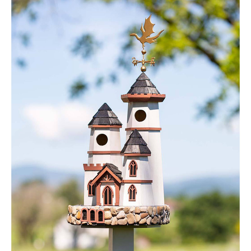 White and Brown Castle Birdhouse with Dragon Weathervane