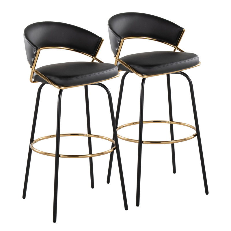 Loehr 30" Fixed-Height Metal Bar Stools with Round Footrest, Black/Gold, Bar Stool (29.5" Seat Height), Black Faux Leather