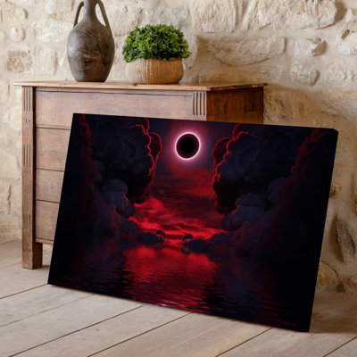 Toile, paysage gothique surréel avec un ciel dramatique rempli d'art mural tourbillonnant de nuages sombres illuminés par une teinte rouge foncé sur toile