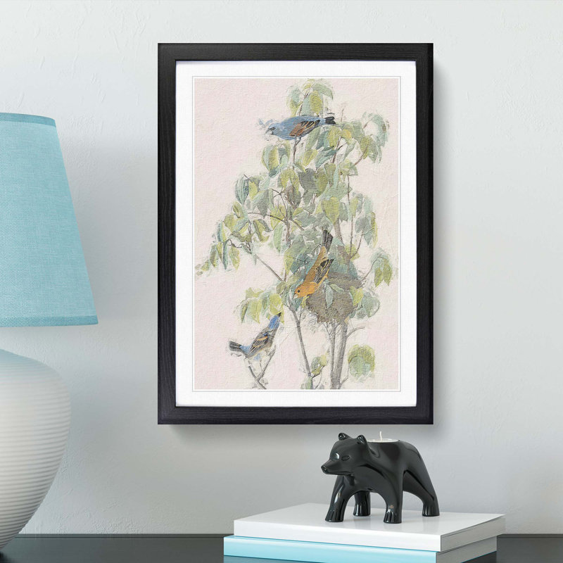 Blue Grosbeak Birds by John James Audubon - Picture Frame Painting Print, 36cm H x 27cm W x 2cm D, Black Framed