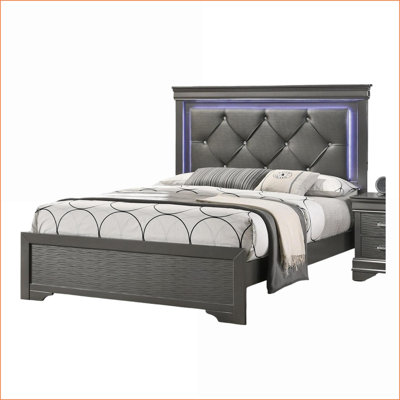 Grand lit capitonné en similicuir gris foncé avec DEL intégrées Pied de lit en bois massif texturé pour la chambre principale