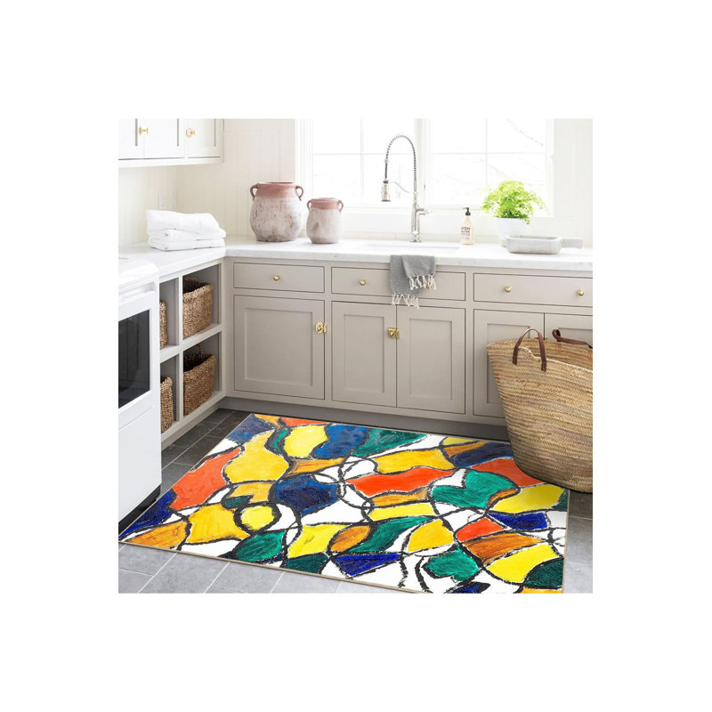 Tapis décoratif multicolore à motif abstrait de formes tissées et lavable à la machine