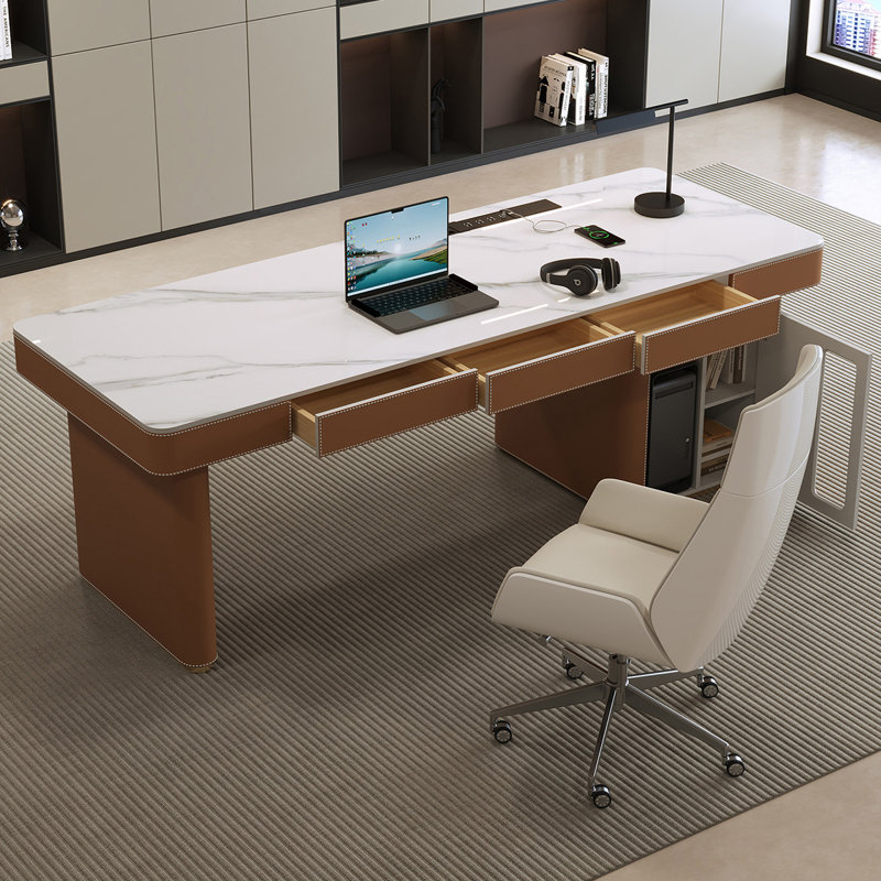 Bureau de direction en cuir brun avec armoire latérale gauche et base en métal avec bureau à 3 tiroirs, Armoire droite