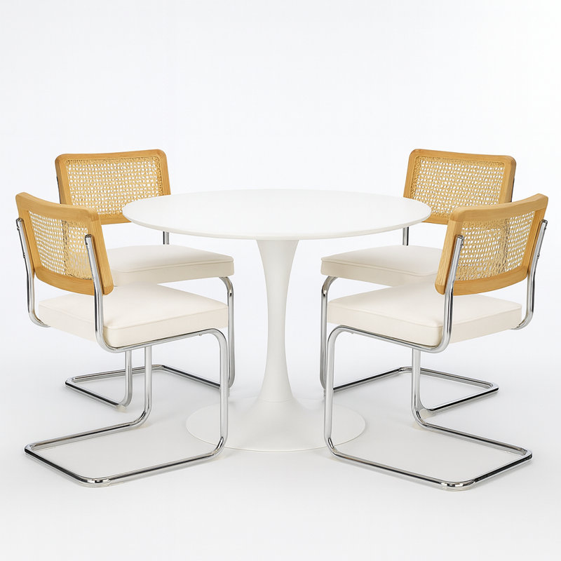 Rattan 4-piece Dining Set With 42" Round Table And Bow Back Chairs, Beige/Natural Wood