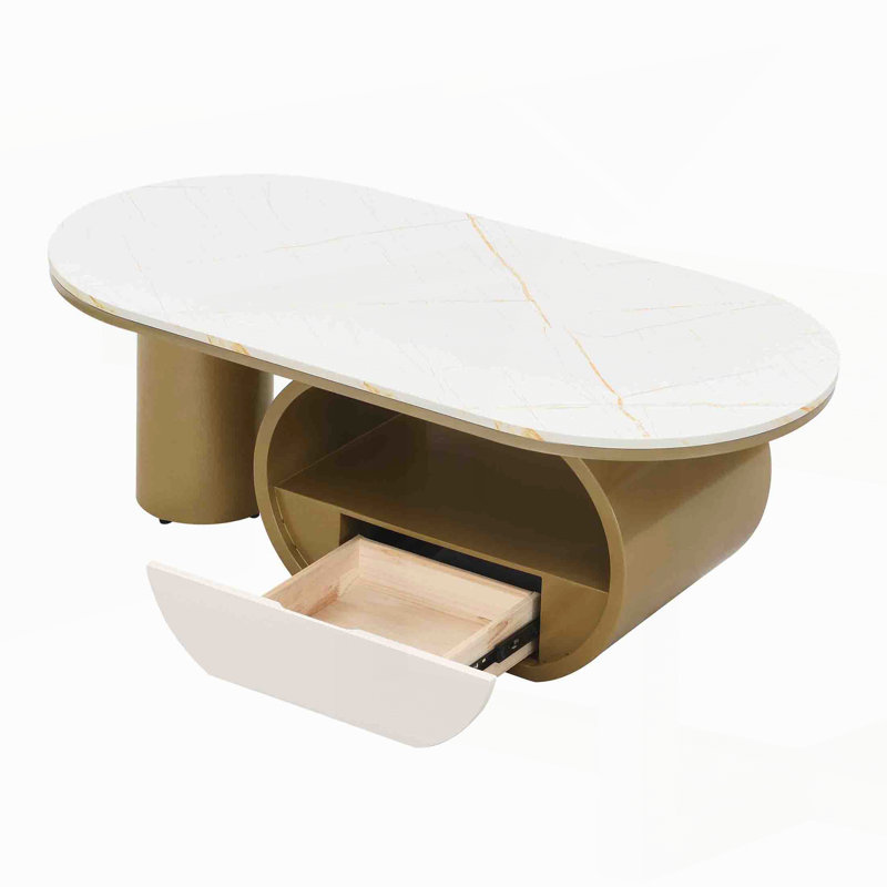 Table basse ovale de luxe, table basse 47,24 po avec tiroir de rangement Luxury, Blanc / doré