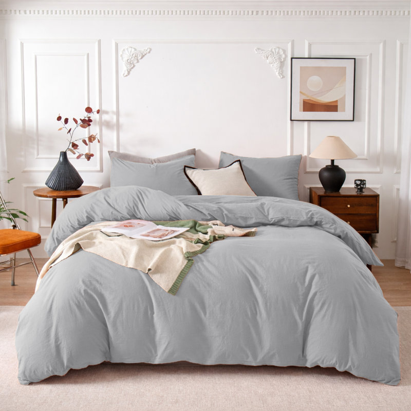 3-Piece Dyed Duvet Cover Set With Pillowcases, Silver, Single Duvet Cover + 2 Standard Pillowcases